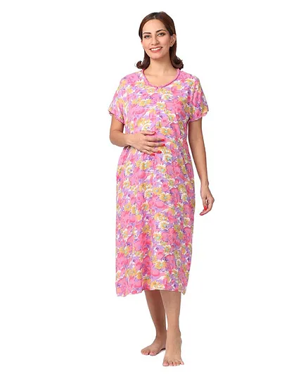 Morph Maternity Short Sleeves Floral Print Feeding Nighty With Vertical Nursing - Pink