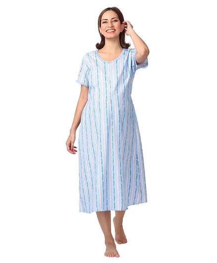Morph Maternity Short Sleeves Striped Feeding Nighty With Vertical Nursing - Blue