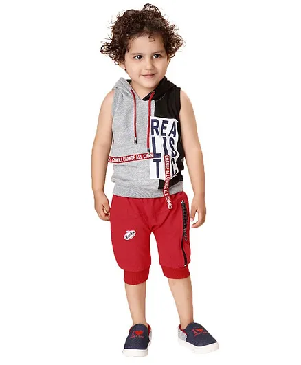 Kooka Kids Sleeveless Text Print Hooded Tee With Shorts - Grey