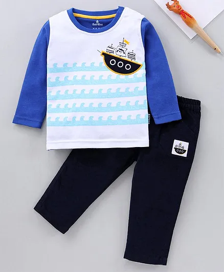 Child World Full Sleeves Embroidered Tee and Lounge Pant Set Waves Print - Blue