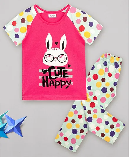 Sheer Love Happy Bunny Printed Half Sleeves Night Suit - Multi Color