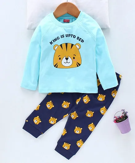 Babyhug Full Sleeves Tee and Pyjama Pants Set Tiger Print - Navy Blue