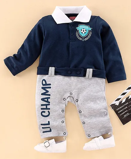 Babyhug Full Sleeves Romper Soccer Print - Navy