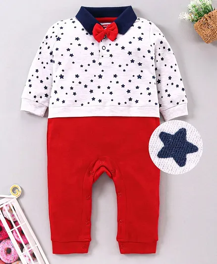 Babyhug Full Sleeves Romper with Bow & Star Print - Red