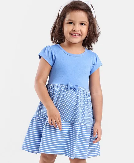 Hola Bonita Cap Sleeves Frock Stripe Frock Bow Applique - Blue