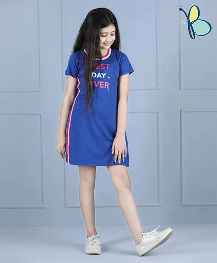 Hola Bonita Half Sleeves Frock Text Print - Blue