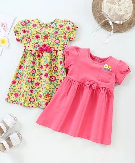 Babyhug Short Sleeves Frock Floral Print Pack of 2 - Pink Yellow