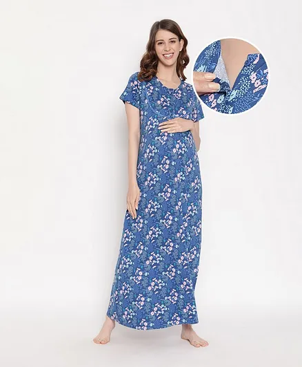 Bella Mama Half Sleeves Maternity Nighty Floral Print - Blue