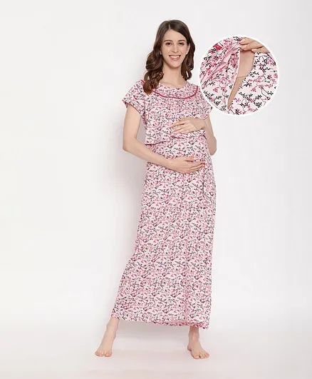Bella Mama Flared Sleeves Maternity Nighty Floral Print - Pink