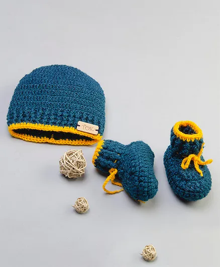The Original Knit Solid Colour Handmade Cap With Booties - Blue