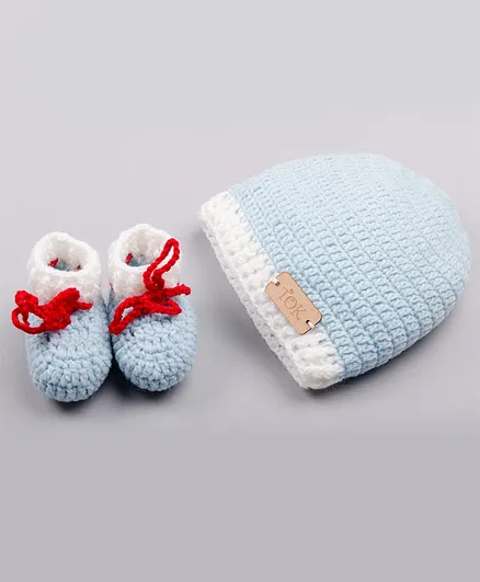The Original Knit Handmade Solid Cap With Booties - Light Blue