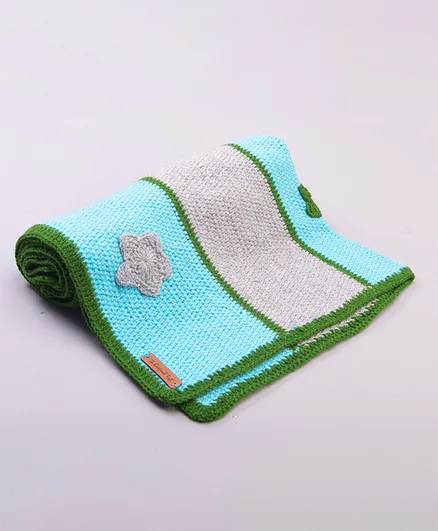 The Original Knit Flower Embellished Color Blocked Blanket - Blue