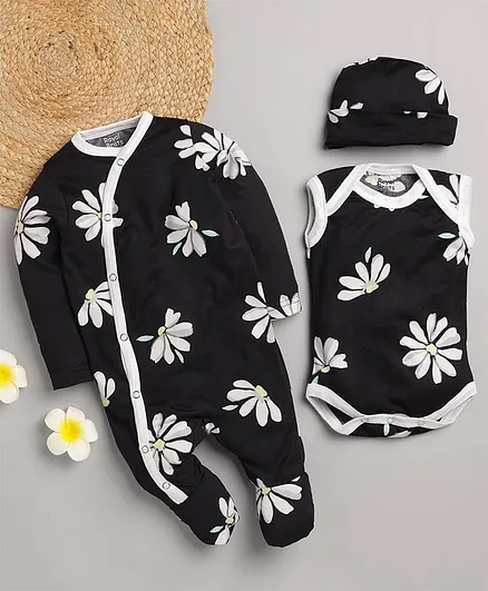 ROYAL BRATS Full Sleeves Floral Print Romper With Onesie & Cap - Circumference - 9 - Black