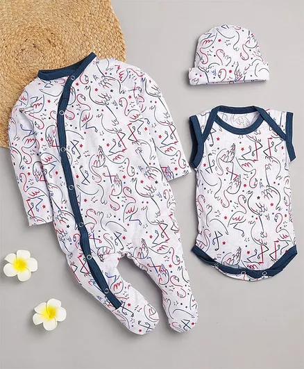 ROYAL BRATS Full Sleeves Flamingo Print Romper With Onesie & Cap - Circumference - 9 - White