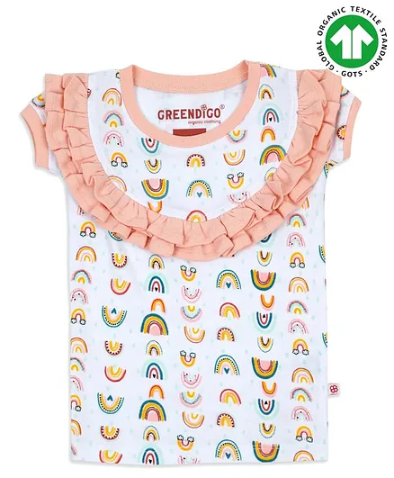 GREENDiGO 100% Organic Cotton Short Sleeves Rainbow Print Ruffled Top - White