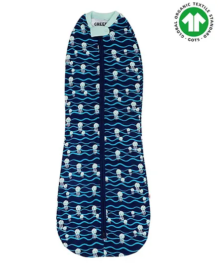 GREENDiGO 100% Organic Cotton Jellyfish Print Hug Swaddle Bag - Blue