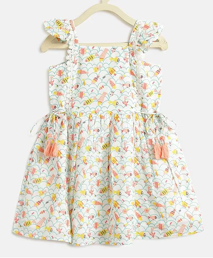 Kids On Board Sleeveless Fish Print Dress - White