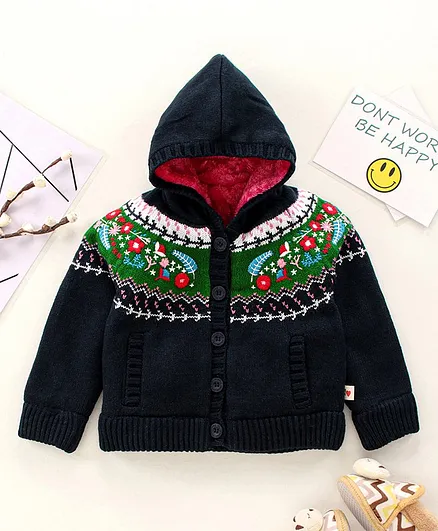 Yellow Apple Full Sleeves Hooded Sweaters - Navy