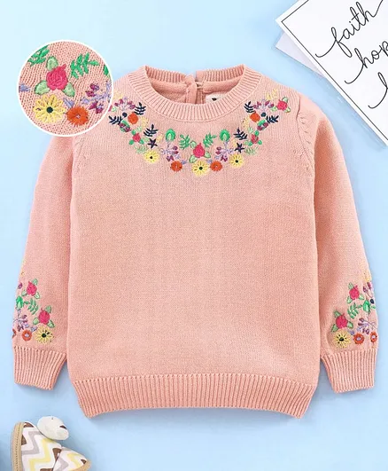 Yellow Apple Full Sleeves Sweater Floral Embroidery - Peach