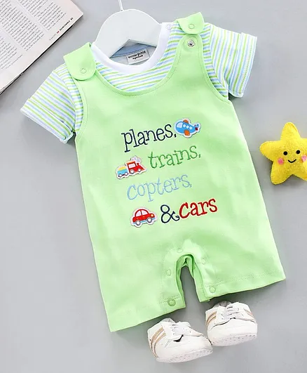 Wonderchild Text Embroidered Romper With Half Sleeves Tee - Green