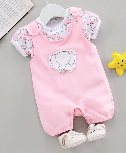 Wonderchild Half Sleeves Elephant Print Tee With Romper - Pink