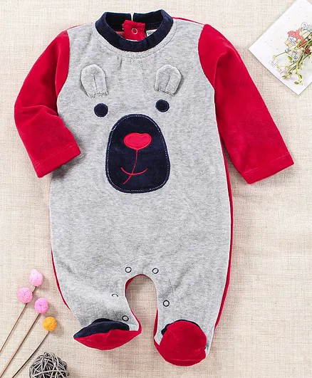 Wonderchild Full Sleeves Bear Design Footed Romper - Red & Grey