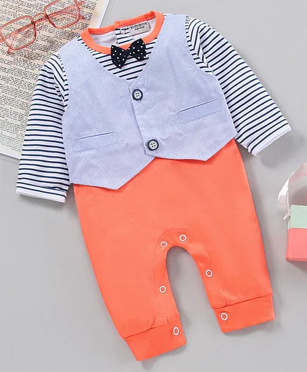 Wonderchild Full Sleeves Striped Romper With Bow Tie - Orange