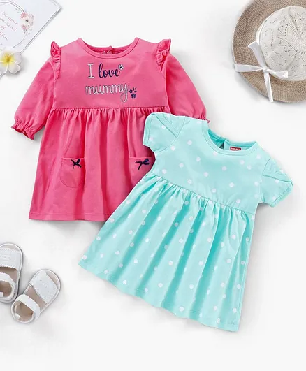Babyhug Full Sleeves Frocks Pack of 2 - Blue Pink