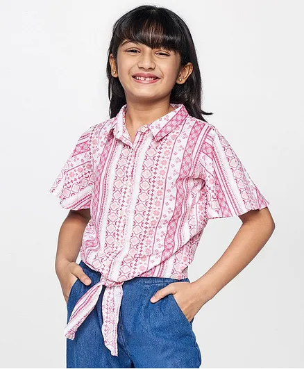 Global Desi Girl Half Sleeves Geometric Print Top - White
