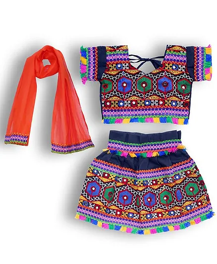 Tahanis Mirror Work Tassel Detailed Choli With Lehanga And Dupatta - Navy Blue