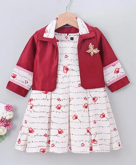 Enfance Floral Print Box Pleated Dress With Full Sleeves Shrug - Maroon