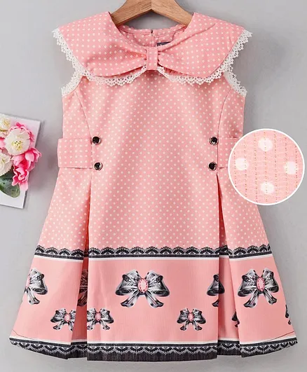 Enfance Core Sleeveless Peter Pan Collar Polka Dot Print Dress - Peach