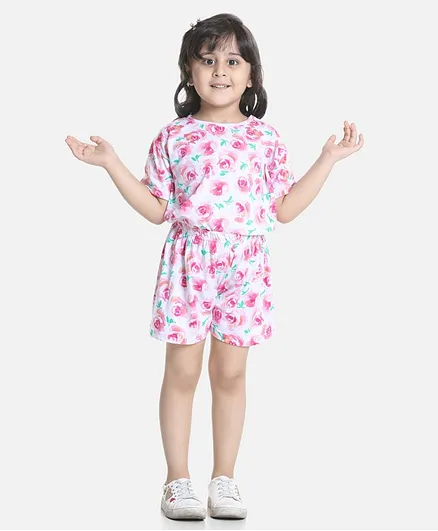 Cutiekins Half Sleeves Roses Print Tee With Shorts - White & Pink