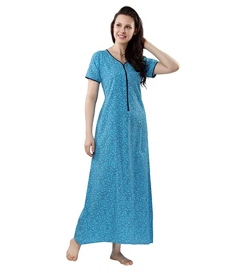 Piu Half Sleeves All Over Printed Maternity Nighty - Blue