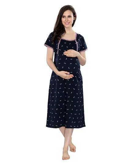 Piu Half Sleeves Glasses Print Feeding Maternity Night Gown - Blue