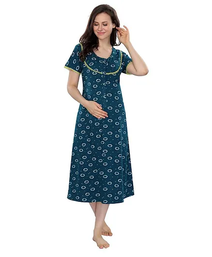 Piu Half Sleeves All Over Printed Maternity Night Gown - Green
