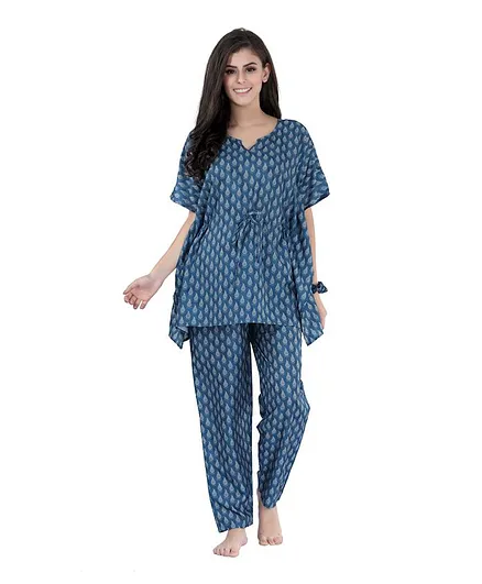 Piu Half Sleeves Motif Print Maternity Night Suit - Blue