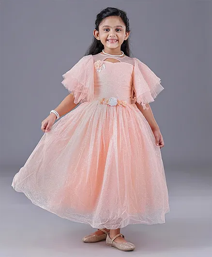 Enfance Half Sleeves Gllittered Flower Applique Gown - 26 - Peach (5 to 6 Years)