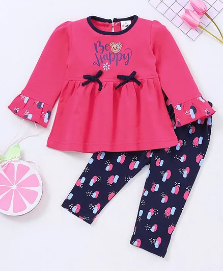 U R Cute Full Sleeves Top With Printed Leggings - Pink