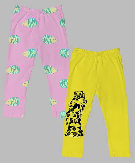 Plan B Combo Of 2 Bear Print Full Length Leggings - Yellow Pink