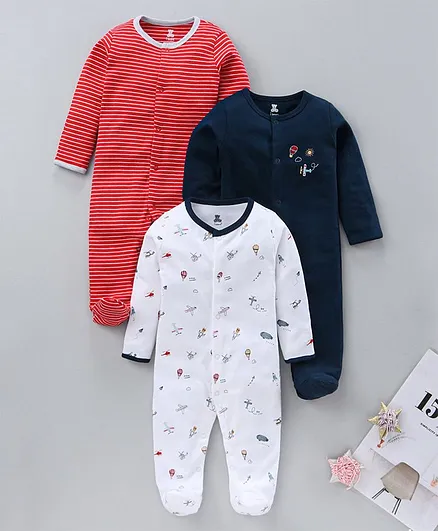 I Bears Full Sleeves Printed Footie Sleep Suits Pack of 3 - Multicolour