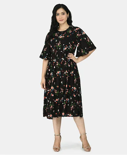 Aaruvi Ruchi Verma Half Sleeves Floral Print Maternity Dress - Black