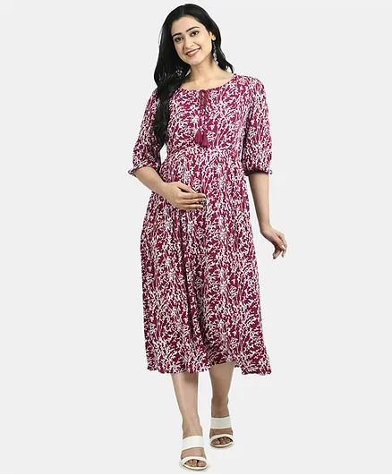 Aaruvi Ruchi Verma Three Fourth Sleeves Floral Print Maternity Dress - Purple