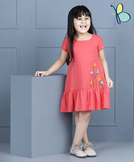 Hola Bonita Half Sleeve Frock with Flower Applique - Coral