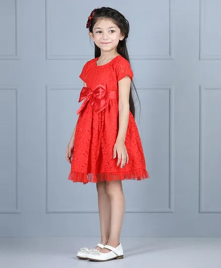 Babyhug Half Sleeves Party Wear Frock With Bow - Red
