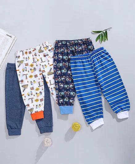 Kidi Wav Pack Of 4 Striped & Vehicle Print Lounge Pants - Blue