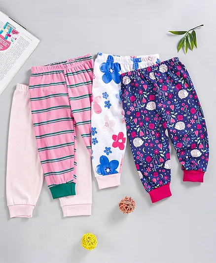 Kidi Wav Pack Of 4 Flower Print & Striped Lounge Pants - Pink