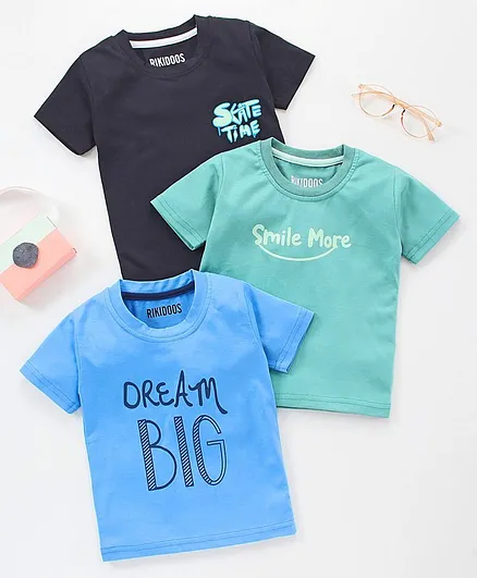 Rikidoos Pack Of 3 Half Sleeves Quote Printed Tee - Blue & Green