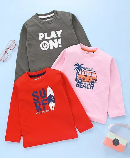 Rikidoos Pack Of 3 Full Sleeves Beach Theme Tee - Red & Grey