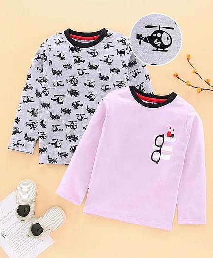 Rikidoos Pack Of 2 Full Sleeves Aeroplane Printed Tee - Grey & Purple